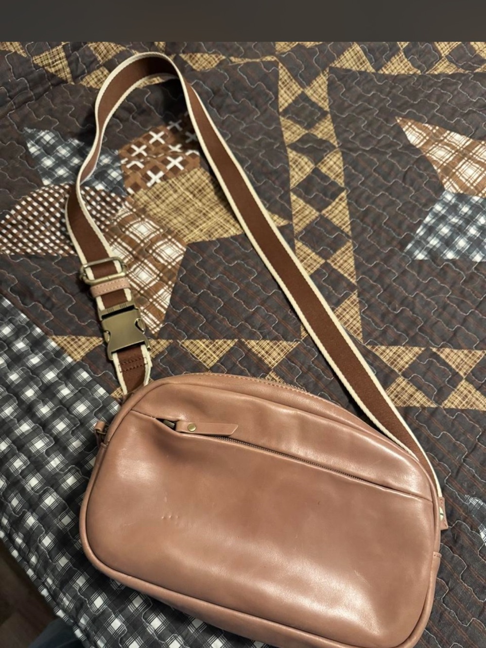 Women's Leather Hobo Crossbody Bag in Brown with Stripe Strap